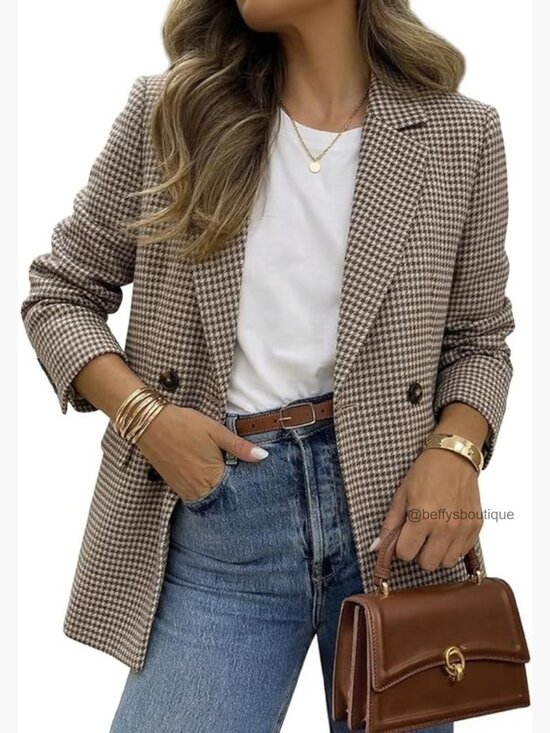 Jackets & Blazers - Oversized Plaid Tweed Blazer Fully Lined Notch Lapel Flap Pockets